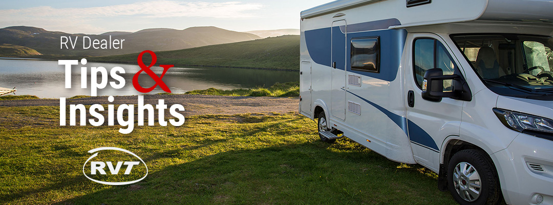 Image of a class c motorhome on a grassy space in front of a body of water with the words RV Dealer Tips & Insights overtop with the RVT logo